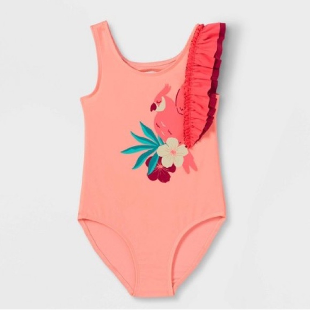 NWOT Cat & Jack Tropical Bird Print Ruffle Sleeve One Piece Pink Swimsuit